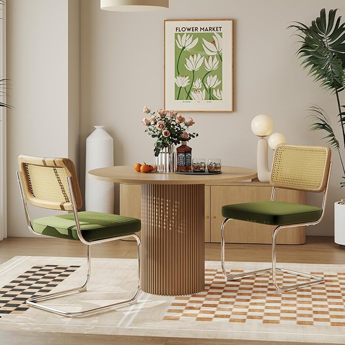 Rattan Back Velvet Dining Chair Set of 2 Modern Stainless Chrome Base Armless Upholstered Side Chair for Dining Room, Kitchen Island, Olive Green