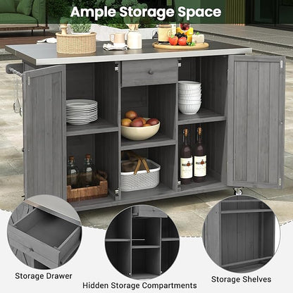 YOPTO Outdoor Kitchen Island Fir Wood Kitchen Island with Stainless Steel Top,Ample Storage Space,Towel and Spice Racks and a Bottle Opener for Outdoor,Grey