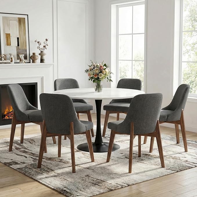 Casaphoria Set of 2 Upholstered Dining Chairs, Dark Grey Fabric Kitchen Chairs with Walnut Wood Legs, Modern Accent Chairs for Dining Room, Living Room or Kitchen