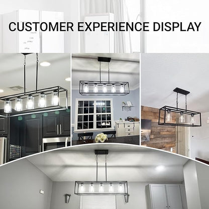 Black 5-Light Dining Room Light Fixture, Modern Farmhouse Chandeliers, Linear Rectangular Kitchen Island Lighting, Industrial Vintage Pendant Lighting with Clear Glass Shade Height Adjustable