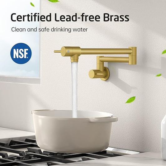 KES Kitchen Gold Pot Filler Folding Faucet Brass Double Joint Swing Arm Sink Faucet Articulating Wall Mount Two Handle Brushed Gold, KN926LFF18-BZ