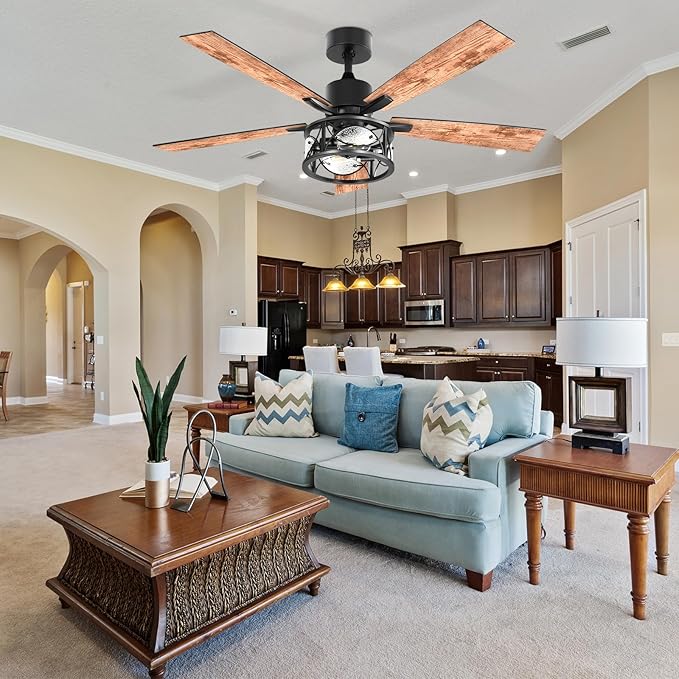 Consciot Ceiling Fan With Lights, 52'' Farmhouse Indoor Ceiling Fan With Remote, Quiet Reversible DC Motor, 5 Double Finish Wood Blades, Easy Install, Dimmable 2*E26 Bulbs(not included), Light Brown