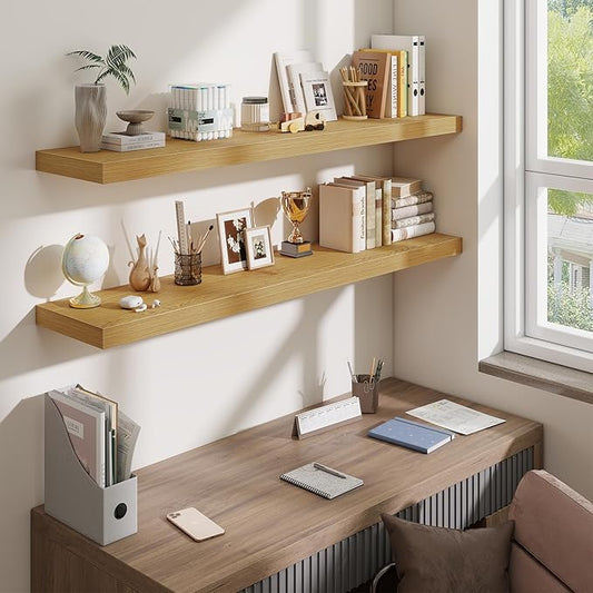 Fun Memories 55 Inch Fireplace Mantel Shelf, 10 Inch Deep Shelves for Display & Wall Storage, Rustic Wood Wall Shelf, Extra Long Floating Shelves for Living Room Laundry Room, Oak, Set of 1