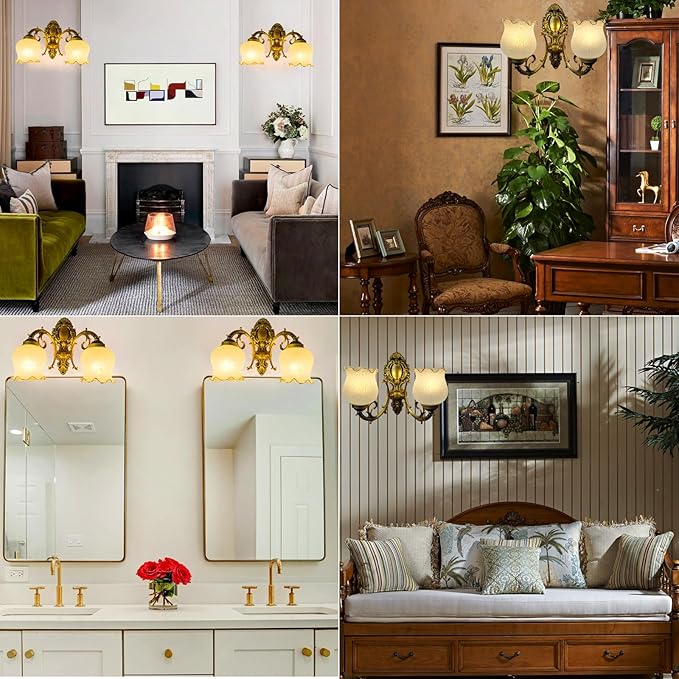 Retro Wall Sconce, 2-Light Vintage Wall Lights with Flora Glass Shade, Antiqued Vanity Wall Light Fixtures for Bedroom Living Room Bathroom Hallway Corridor Kitchen （Brass）