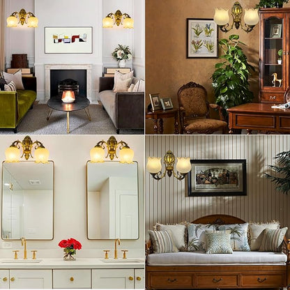 Retro Wall Sconce, 2-Light Vintage Wall Lights with Flora Glass Shade, Antiqued Vanity Wall Light Fixtures for Bedroom Living Room Bathroom Hallway Corridor Kitchen （Brass）