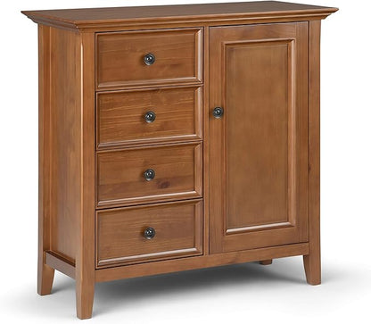 SIMPLIHOME Amherst 37-inch Wide Solid Wood Transitional-Style Storage Cabinet in Light Golden Brown, Cabinet with 4 Drawers and Adjustable Shelves for Living Room or Entryway