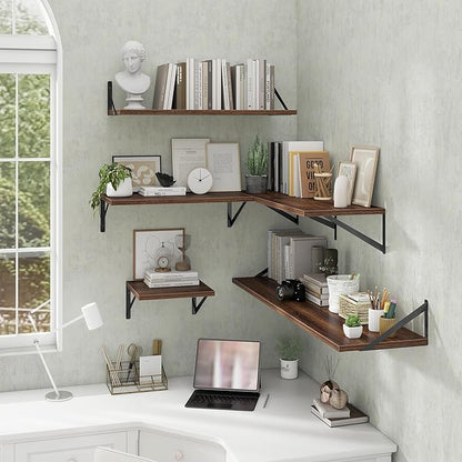 Acovy Deep Floating Shelves Wall Mounted, 30"x12" Walnut Wall Shelves with Brackets Set of 2 for Bedroom, Living Room, Bathroom, Kitchen, Office - Storage & Display Shelf for Decor, Books, Plants