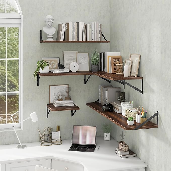 Acovy Deep Floating Shelves Wall Mounted, 48"x12" Walnut Wall Shelves with Brackets Set of 2 for Bedroom, Living Room, Bathroom, Kitchen, Office - Storage & Display Shelf for Decor, Books, Plants