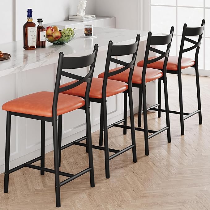 Garvee Bar Stools Set of 4, Counter Height Bar Chairs with Back and Thick Cushion, Upholstered Dining Chairs with Padded Seat, Barstools for Kitchen Island, Bar, Dining Room, Modern Brown