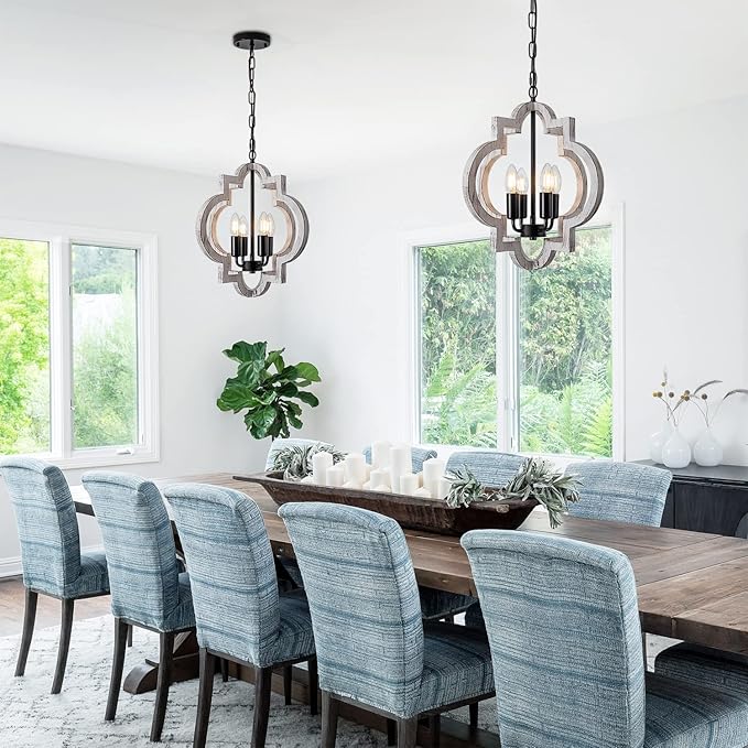 4-Light 15" Farmhouse Orb Chandelier Rustic Handmade Distressed White Wood Hanging Ceiling Pendant Light Fixture Wood Lantern Chandeliers for Dining Room Kitchen Bedroom Foyer Hallway