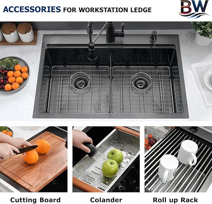 33x22 Black Double Bowl Drop In Kitchen Sink Workstation - 16 Gauge Stainless Steel Workstation Sinks 50/50 Split, Top Mount Drop In Kitchen Sink Double Bowl with Accessories