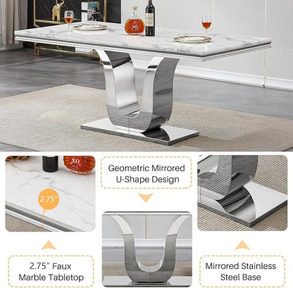 Henf 68" Modern Dining Table for 6, White Marble Kitchen Dining Room Table for 8, Large Rectangular Faux Marble Top and Silver U-Shape Steel Base, Rectangle Pedestal Table for Kitchen, Dining Room
