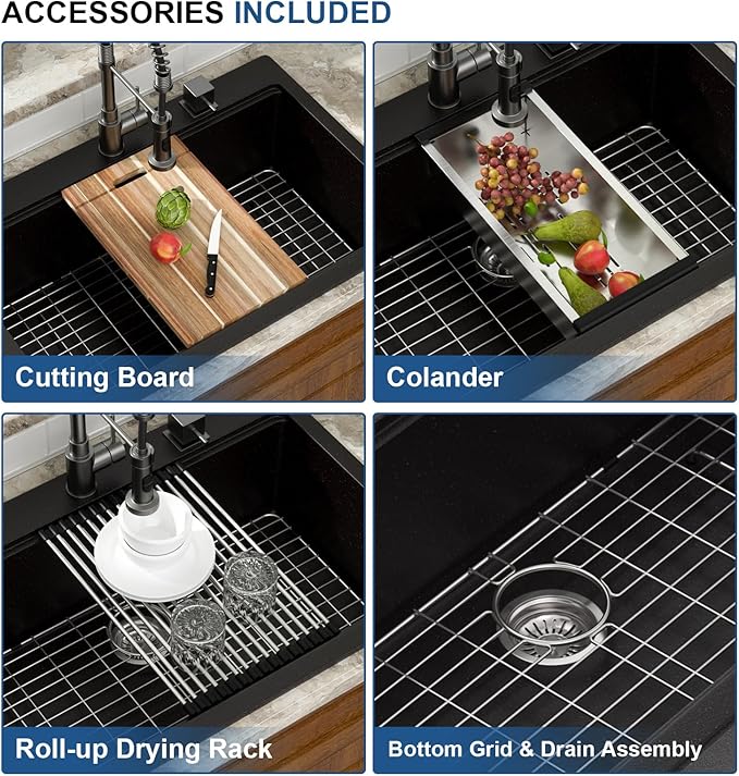 Mocoloo 33 Inch Drop in Workstation Kitchen Sink, 33x22 Matte Black Granite Composite Quartz Single Bowl Topmount Ledge Sink Above Counter