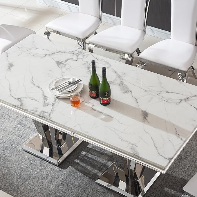 Modern Dining Table for 6-8, 68 Inch White Marble Kitchen Table with Silver Mirrored Dimaond Design Legs, Luxurious Rectangular Faux Marble Dining Room Table for Dining Room,Living Room