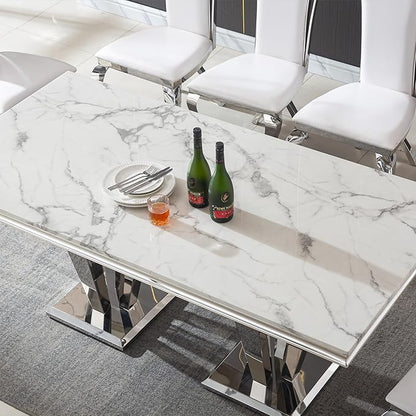 Modern Dining Table for 6-8, 68 Inch White Marble Kitchen Table with Silver Mirrored Dimaond Design Legs, Luxurious Rectangular Faux Marble Dining Room Table for Dining Room,Living Room