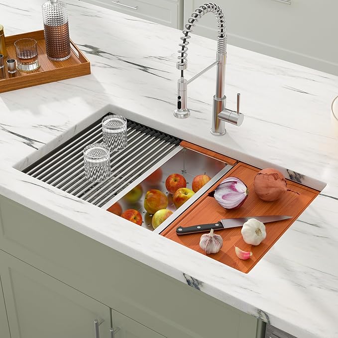 Dcolora 33 in. Undermount Single Bowl Workstation Stainless Steel Kitchen Sink 16 Gauge 304 Handmade Welding with Accessories, Round Corner 33"x19"x10" #DC-U7701