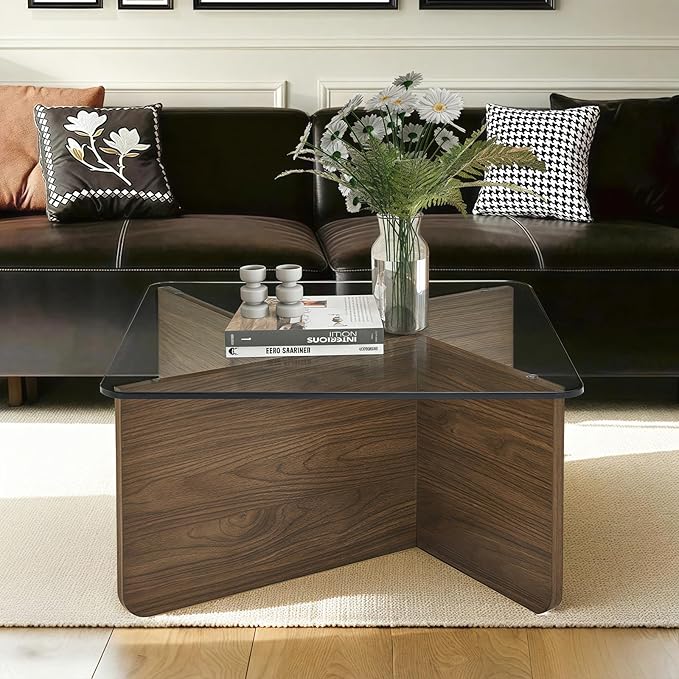 31.5" Square Glass Coffee Table, Mid-Century Modern Coffee Table with Tempered Glass Top and MDF Frame, Center Table for Small Spaces, Living Room, Office, Apartment, Walnut