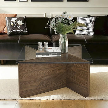 31.5" Square Glass Coffee Table, Mid-Century Modern Coffee Table with Tempered Glass Top and MDF Frame, Center Table for Small Spaces, Living Room, Office, Apartment, Walnut
