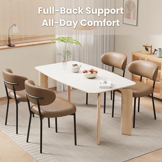 Upholstered Dining Chairs Set of 2, Modern Faux Leather Kitchen Chairs with Curved Backrest and Cushioned Seat, Sturdy Metal Legs, Comfortable Accent Chairs for Kitchen Dining Room,Living Room,Brown