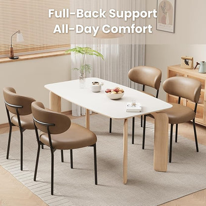Upholstered Dining Chairs Set of 4, Modern Faux Leather Kitchen Chairs with Curved Backrest and Cushioned Seat, Sturdy Metal Legs, Comfortable Accent Chairs for Kitchen Dining Room, Living Room,Brown