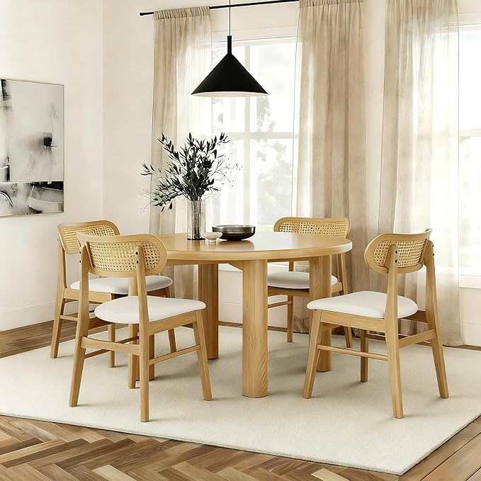 KISLOT Wooden Dining Chairs Set of 4, Upholstered Modern Dining Room Chairs, Mid Century Oak Wood Kitchen Chairs with Rattan Backrest for Farmhouse, Kitchen, Restaurant (Cream Fabric & Original Color)