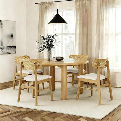 KISLOT Wooden Dining Chairs Set of 4, Upholstered Modern Dining Room Chairs, Mid Century Oak Wood Kitchen Chairs with Rattan Backrest for Farmhouse, Kitchen, Restaurant (Cream Fabric & Original Color)