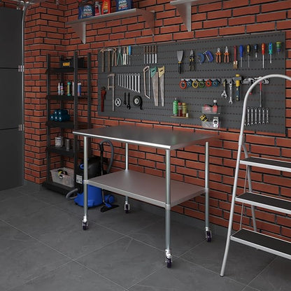 Stainless Steel Work Table with Wheels | NSF Kitchen Island Food Prep | Laundry Garage Utility Bench (Table + Wheels, 48" Long x 30" Deep)