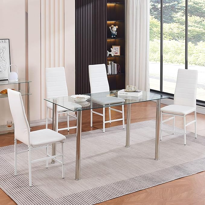 Glass Dining Table for 4-6, Modern Dining Room Table with 51.2" Clear Tempered Glass top and Chrome Silver Legs for Kitchen, Small Space