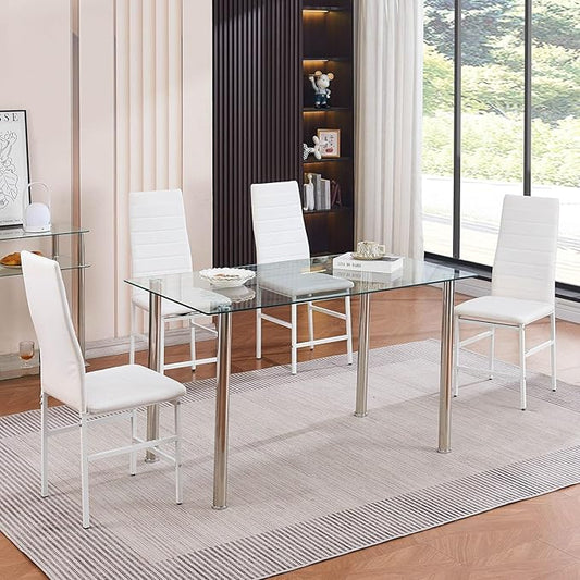Glass Dining Table for 4-6, Modern Dining Room Table with 51.2" Clear Tempered Glass top and Chrome Silver Legs for Kitchen, Small Space