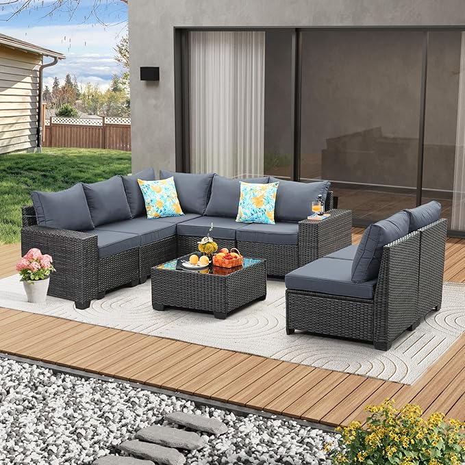 JOYURE 8 Pieces Patio Furniture Set All-Weather Outdoor Wicker Sectional Conversation Sofa Rattan Patio Seating Sofa with Cushion and Glass Table for Porch Poolside,Grey