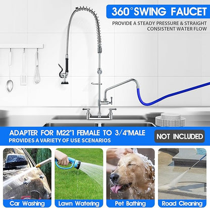 Commercial Kitchen Faucet with Pre-Rinse Sprayer 43" Height 8" Center Brass Constructed Wall Mount Kitchen Sink Faucet with Coiled Spring Pull Down Spray and 12" Add-on Swing Spout