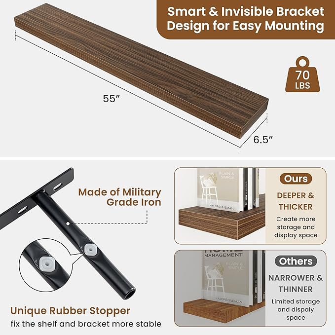 fuqing Floating Shelves for Wall, Wall Mounted Wood Floating Shelf with Invisible Brackets for Living Room, Bathroom, Bedroom, Kitchen Storage and Decor, 55 Inch Set of 2, Walnut
