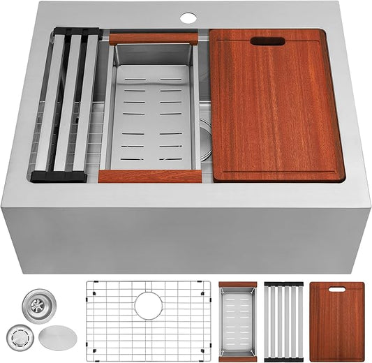 30 Inch Farmhouse Sink, 16 Gauge 304 Stainless Steel Farm Sinks, Drop In Topmount Single Bowl Workstation Sink with all Accessories, 30" x 22" x 10" Large and Deep Kitchen Sink