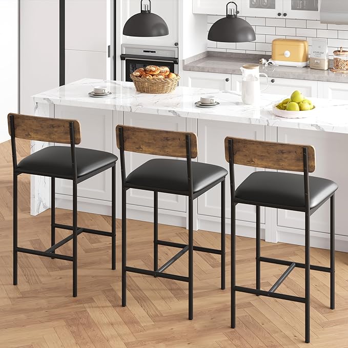 TrailBlaze Bar Stools Set of 2, 25.5'' Counter Height Upholstered Bar Chairs with Back & Footrest, Faux Leather, Thick Cushion - Black Metal Frame - Kitchen Island, Home Bar, Small Space