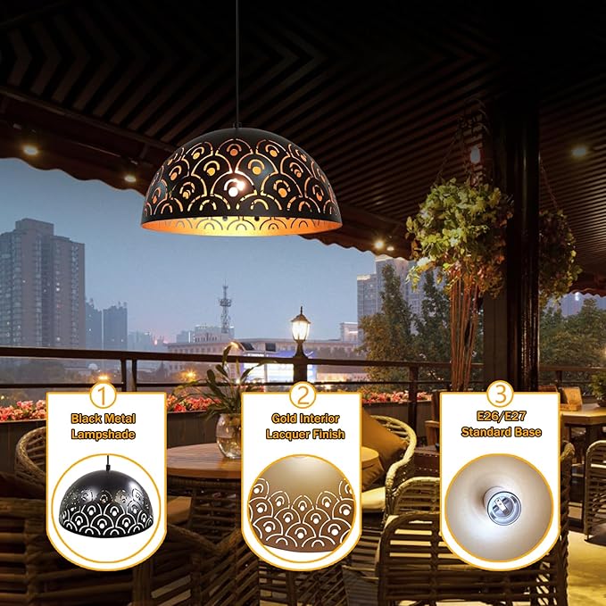 Kitchen Pendant Lights Over Island Vintage, Black and Gold Dome Pendant Lighting Fixtures Farmhouse Hanging Ceiling Lamp Retro Industrial E26 Single Chandelier for Dining Room Bedroom Sink 11.81"