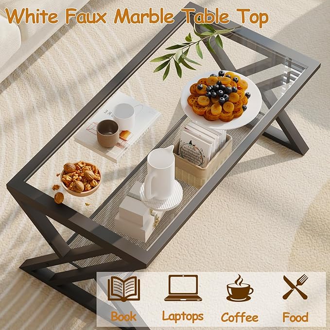 Wolawu Glass Coffee Table Living Room Table with Storage Shelf, Black Glass Table Simple Modern Rectangular Tables with Sturdy Black Metal Frame,Industrial Glass Coffee Table for Bedroom Home Office
