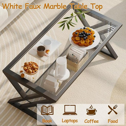 Wolawu Glass Coffee Table Living Room Table with Storage Shelf, Black Glass Table Simple Modern Rectangular Tables with Sturdy Black Metal Frame,Industrial Glass Coffee Table for Bedroom Home Office