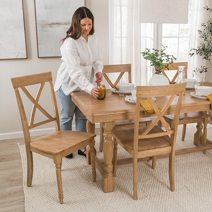 Bush Home Rectangular Dining Table Set for 6, with 67 inch Squire Trestle, Cross Back Dining Chairs, Farmhouse Decor, Sterling Collection, Light Brown and White