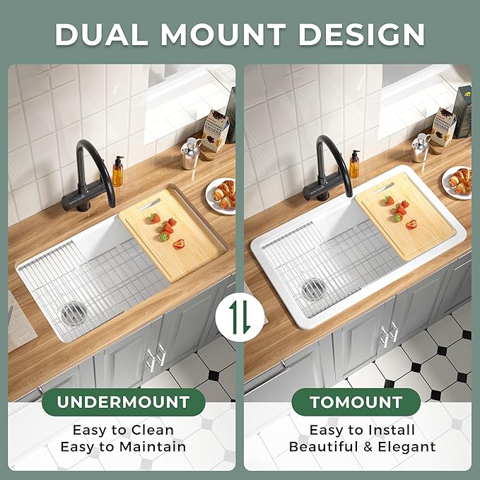 Offset Drain Fireclay Undermount Workstation Kitchen Sink 33 Inch, Large Topmount White Undermount Sink 33''x19''x10'' Drop In, Deep Single Bowl Heavy Duty, Dual Mount, for Kitchen, Island