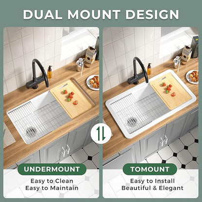 Offset Drain Fireclay Undermount Workstation Kitchen Sink 33 Inch, Large Topmount White Undermount Sink 33''x19''x10'' Drop In, Deep Single Bowl Heavy Duty, Dual Mount, for Kitchen, Island