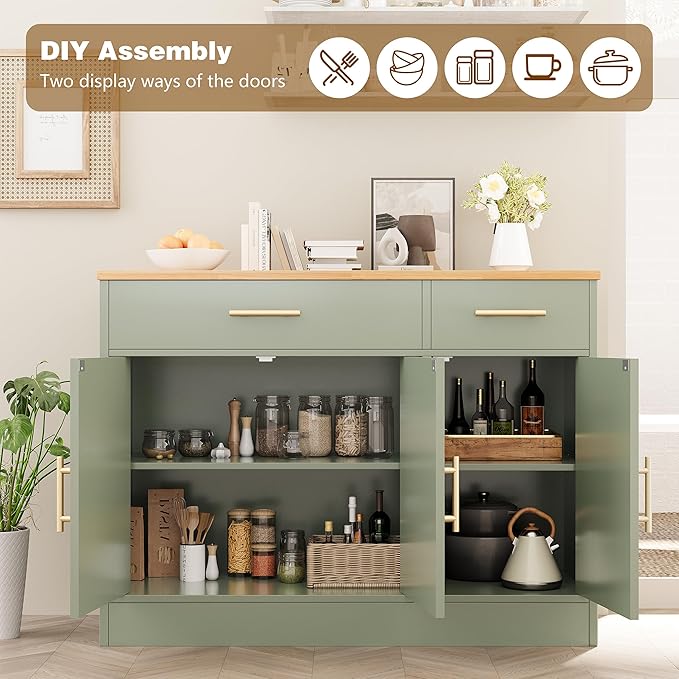 Vongrasig 43” Sideboard Buffet Cabinet with Storage, Farmhouse Coffee Bar with Drawers and Shelves, Wood Buffet Table for Kitchen, Dining Room, Green