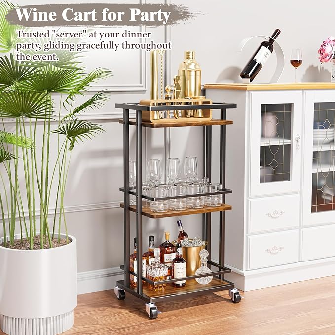 OKZEST 3 Tier Bar Cart for Home, Rolling Mini Liquor Bar for Wine Beverage Dinner Party, Utility Kitchen Storage Island Serving Cart on Wheels, Coffee Bar Cabinet for Kitchen Dining Living Room, Brown