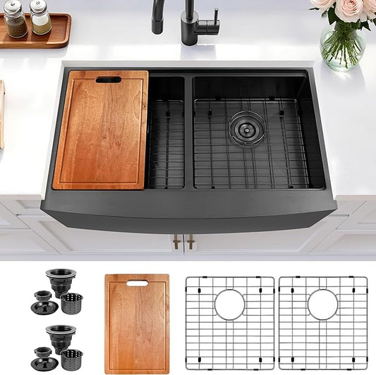 Black Double Farmhouse kitchen Sink,16-Gauge SUS304 Stainless Steel Farm Sinks, 50/50 Apron Front Features Workstaion Sink With Accessories,33''×20''×10" Large and Deep Double Kitchen Sinks