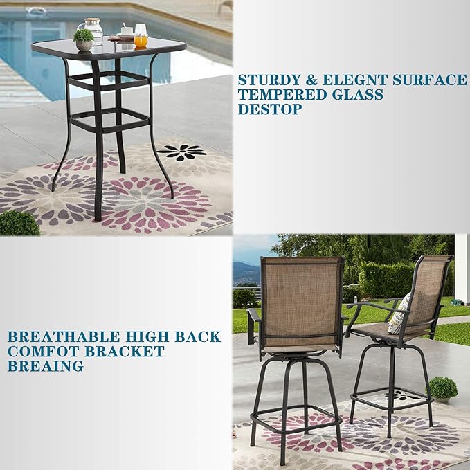 Festival Depot 40" Bar Height Outdoor Patio Bistro Table Metal Square Side Table Tempered Glass Top All Weather (31.5"x 31.5"x 41.2"H)