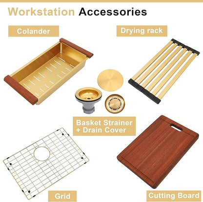 26 Inch Farmhouse Gold Sink, 16 Gauge 304 Stainless Steel Farm Sinks, Drop In Topmount Single Bowl Workstation Sink with all Accessories, 26" x 22" x 10" Deep Kitchen Sink