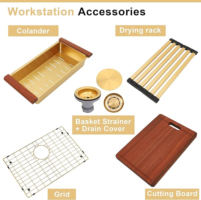 30 Inch Farmhouse Gold Sink, 16 Gauge 304 Stainless Steel Farm Sinks, Drop In Topmount Single Bowl Workstation Sink with all Accessories, 30" x 22" x 10" Large and Deep Kitchen Sink