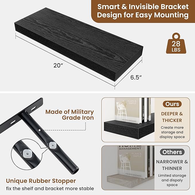 fuqing Floating Shelves for Wall, Wall Mounted Wood Floating Shelf with Invisible Brackets for Living Room, Bathroom, Bedroom, Kitchen Storage and Decor, 20 Inch Set of 2, Black