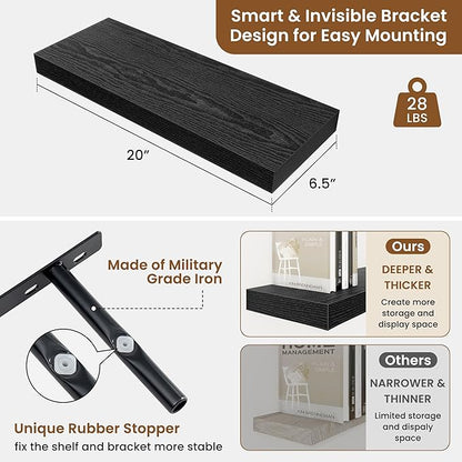 fuqing Floating Shelves for Wall, Wall Mounted Wood Floating Shelf with Invisible Brackets for Living Room, Bathroom, Bedroom, Kitchen Storage and Decor, 20 Inch Set of 2, Black