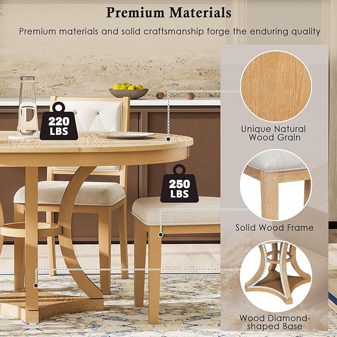 Vintage 5-Piece Extendable Round Dining Table Set for 4 with Chairs, Modern Wood Kitchen Table Set with Tufted Upholstered Chairs for Kitchen Dining Room Living Room (Natural)