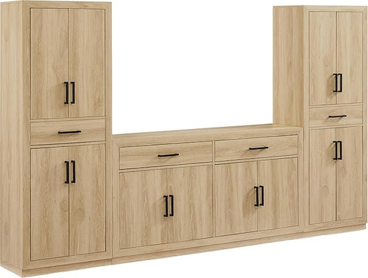 Crosley Furniture Isla 3-Piece Modern Sideboard Buffet Cabinet and Kitchen Storage Pantry Set, Ash